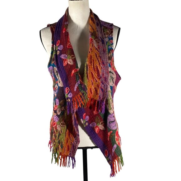 Handmade Anu XL Colorful Wool open Vest Embroidered Floral Design Fringe boho - Picture 1 of 12